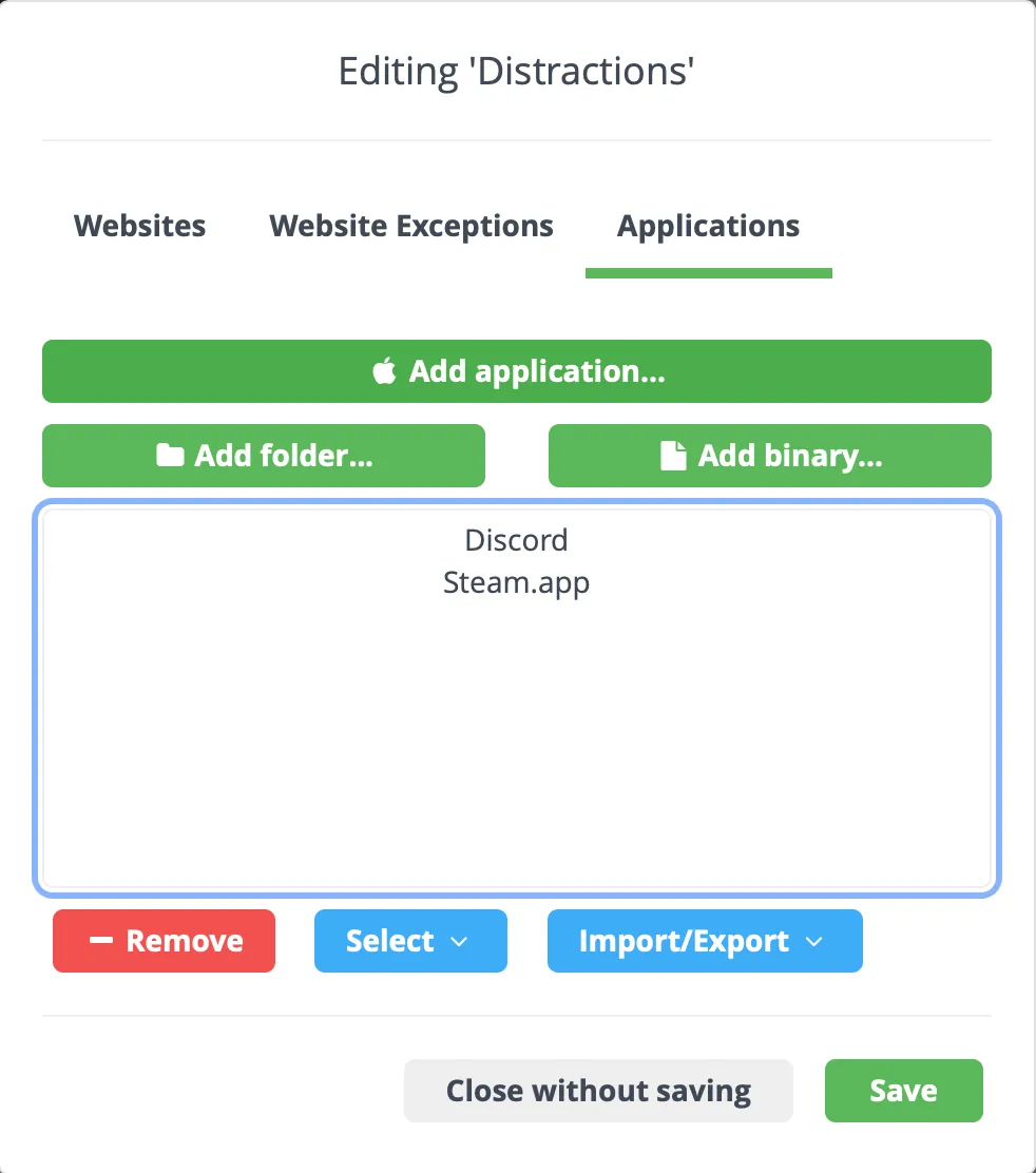 Screenshot of list of applications blocked by Cold Turkey