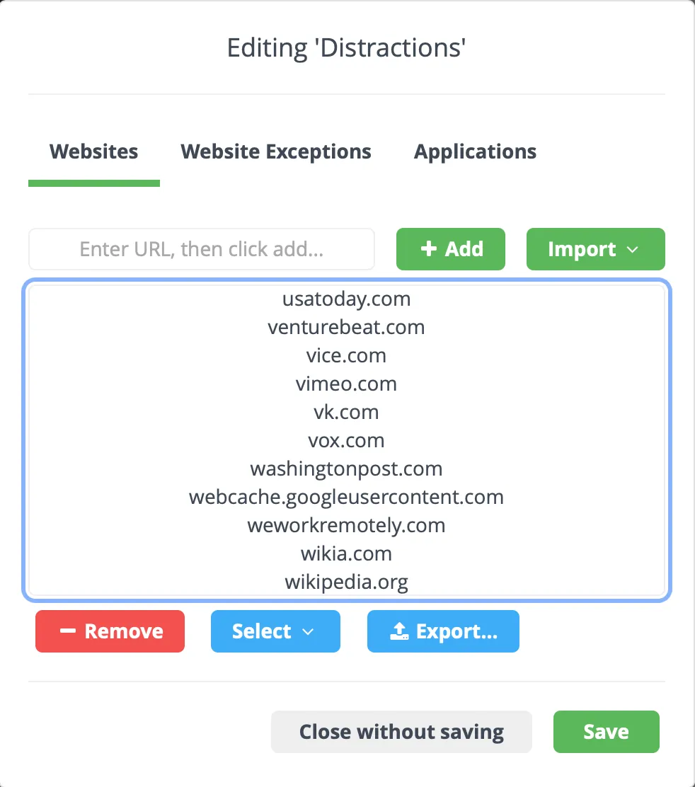 Screenshot of list of websites blocked by Cold Turkey