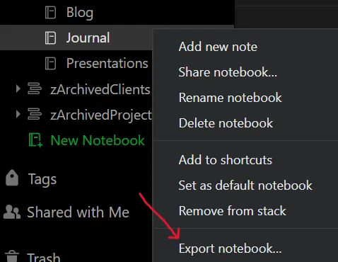 Context menu in Evernote showing how to export a notebook