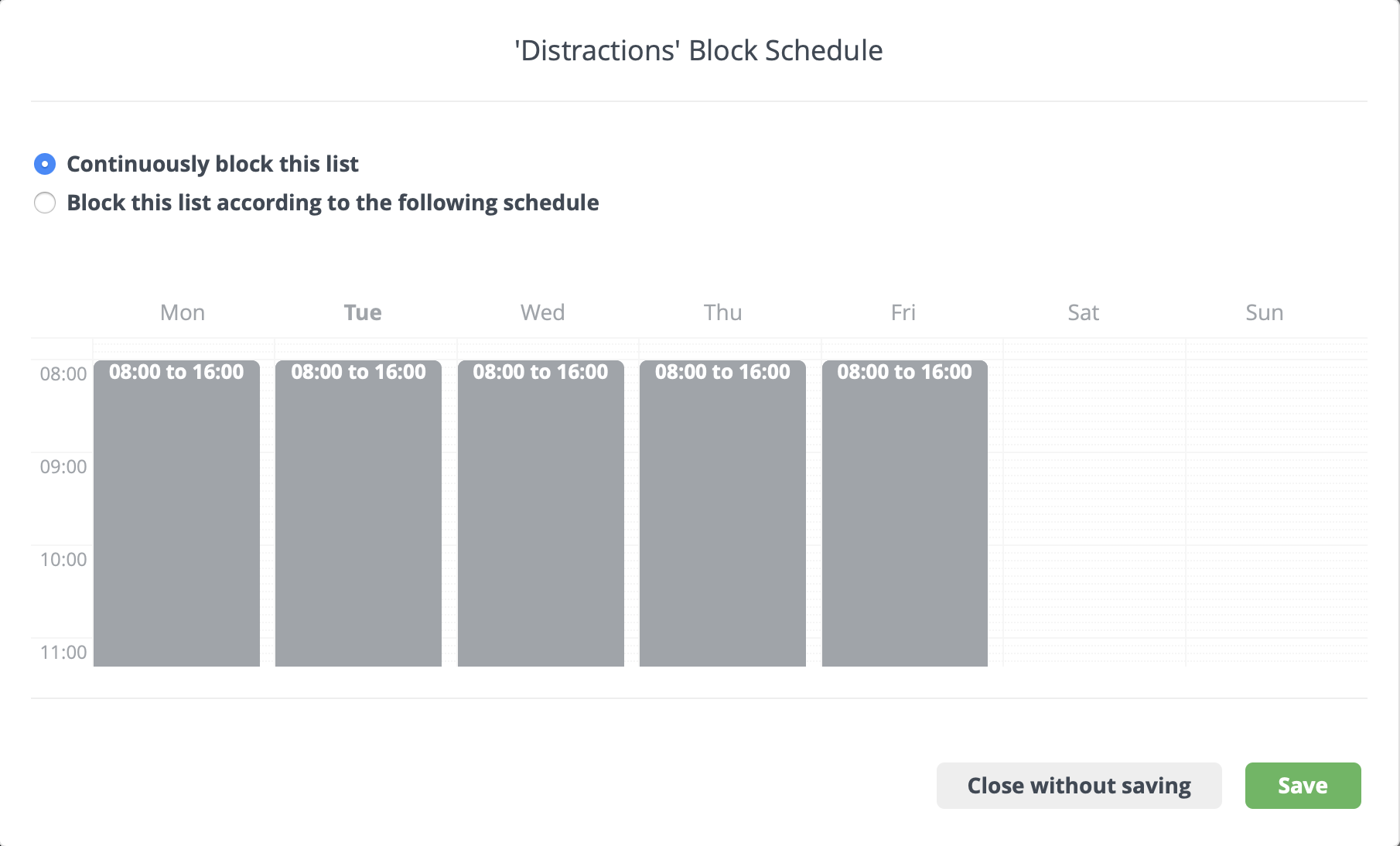 Screenshot of my Cold Turkey blocking schedule