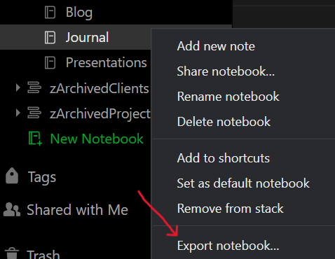 Context menu in Evernote showing how to export a notebook