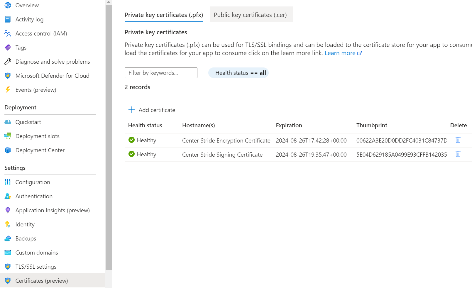 Azure App Service certificate summary screen after uploading both certificates